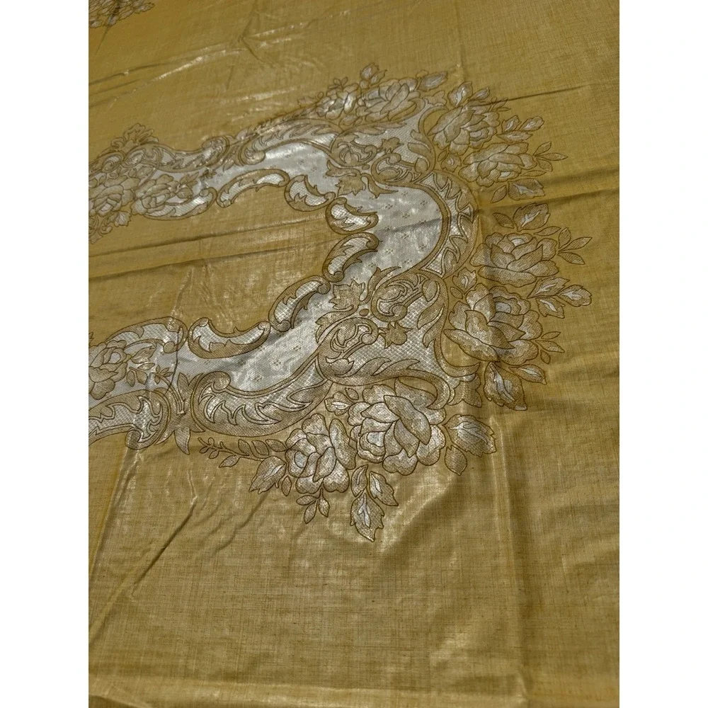 Vintage Mustard Yellow 90x60 Vinyl/Oil Cloth Backing Damask Table Cloth 1950-70